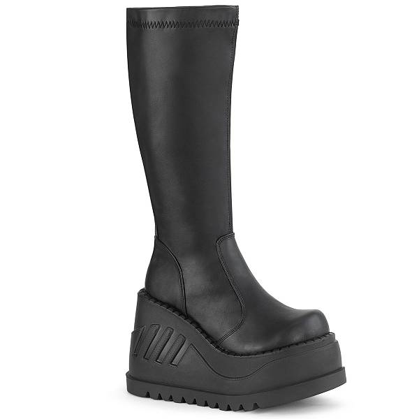 Demonia Women's Stomp-200 Knee High Platform Boots - Black Stretch Vegan Leather D3609-85US Clearance